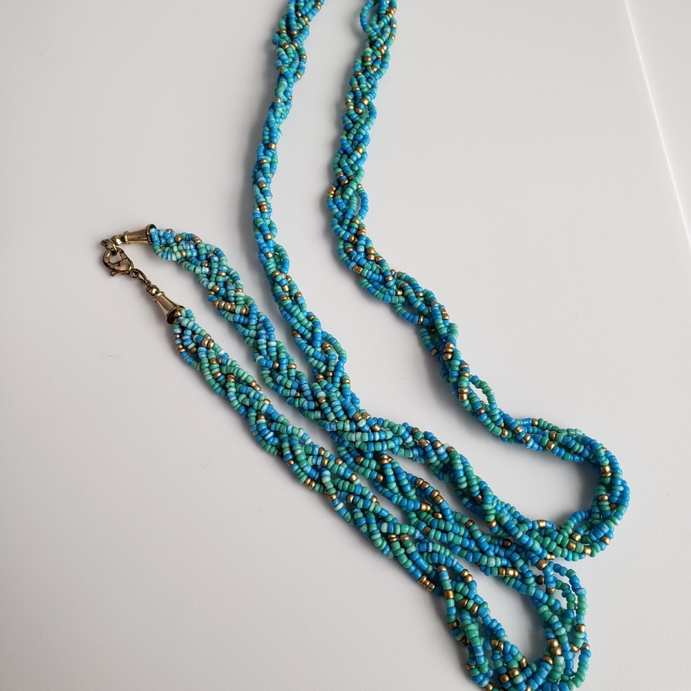 ❤Blue Bead Braided Necklace